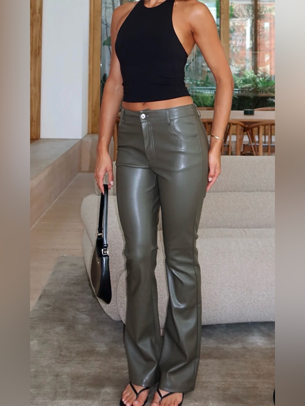 White Fox Boutique Olive Faux Leather Flare Pants